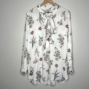 LOFT Womens Blouse Top Large White Pink Floral Feminine Neck Bow Flowy Office‎